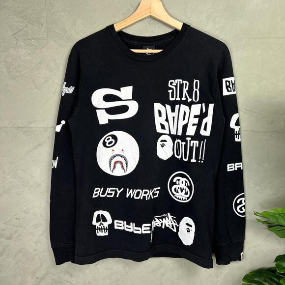 Stussy x Bape 8 Ball Long Sleeve Bathing Ape 2000s y2k Small Tee - Picture 1 of 4